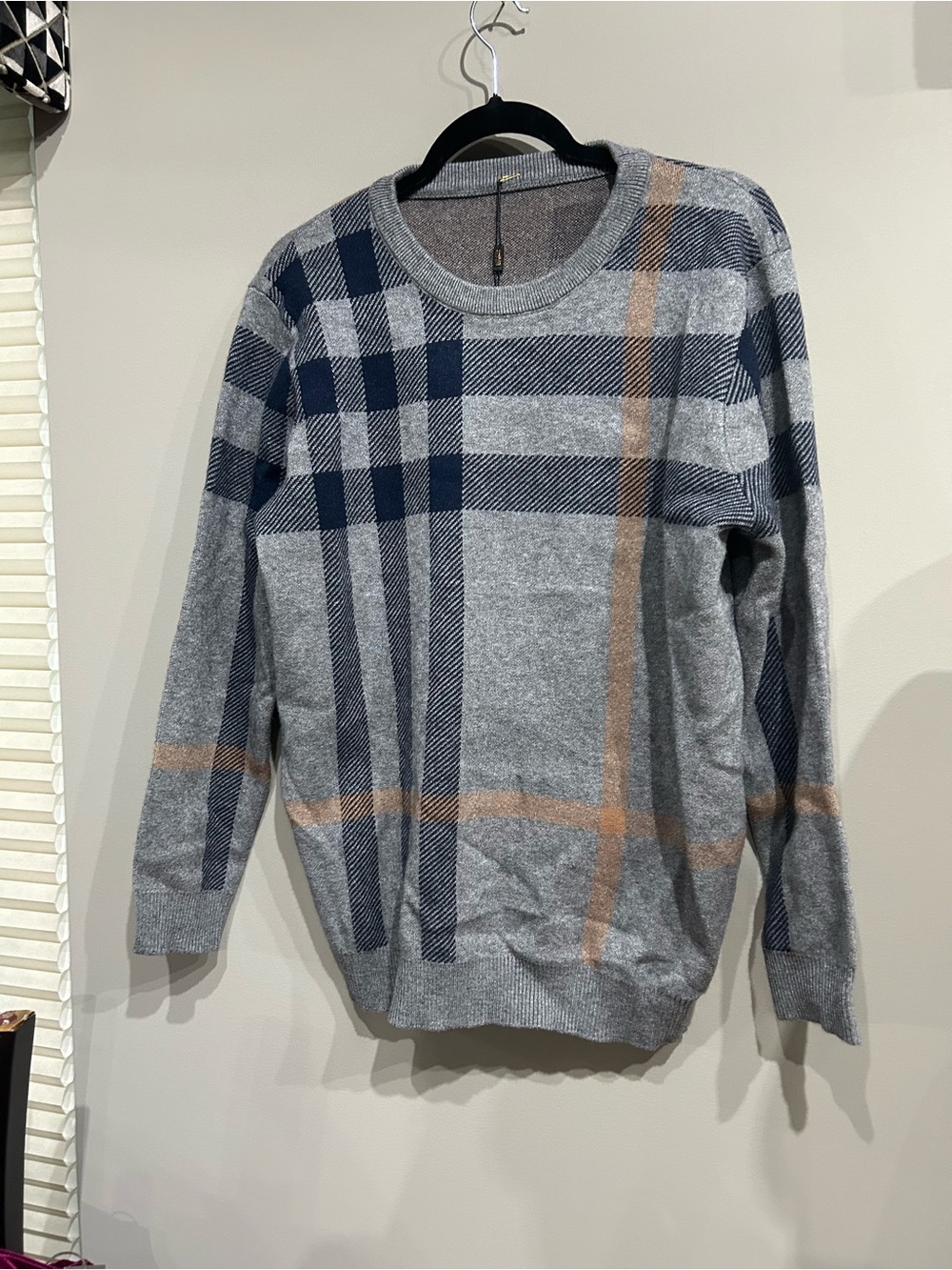 Classic Plaid Crewneck Sweater in Gray and Navy